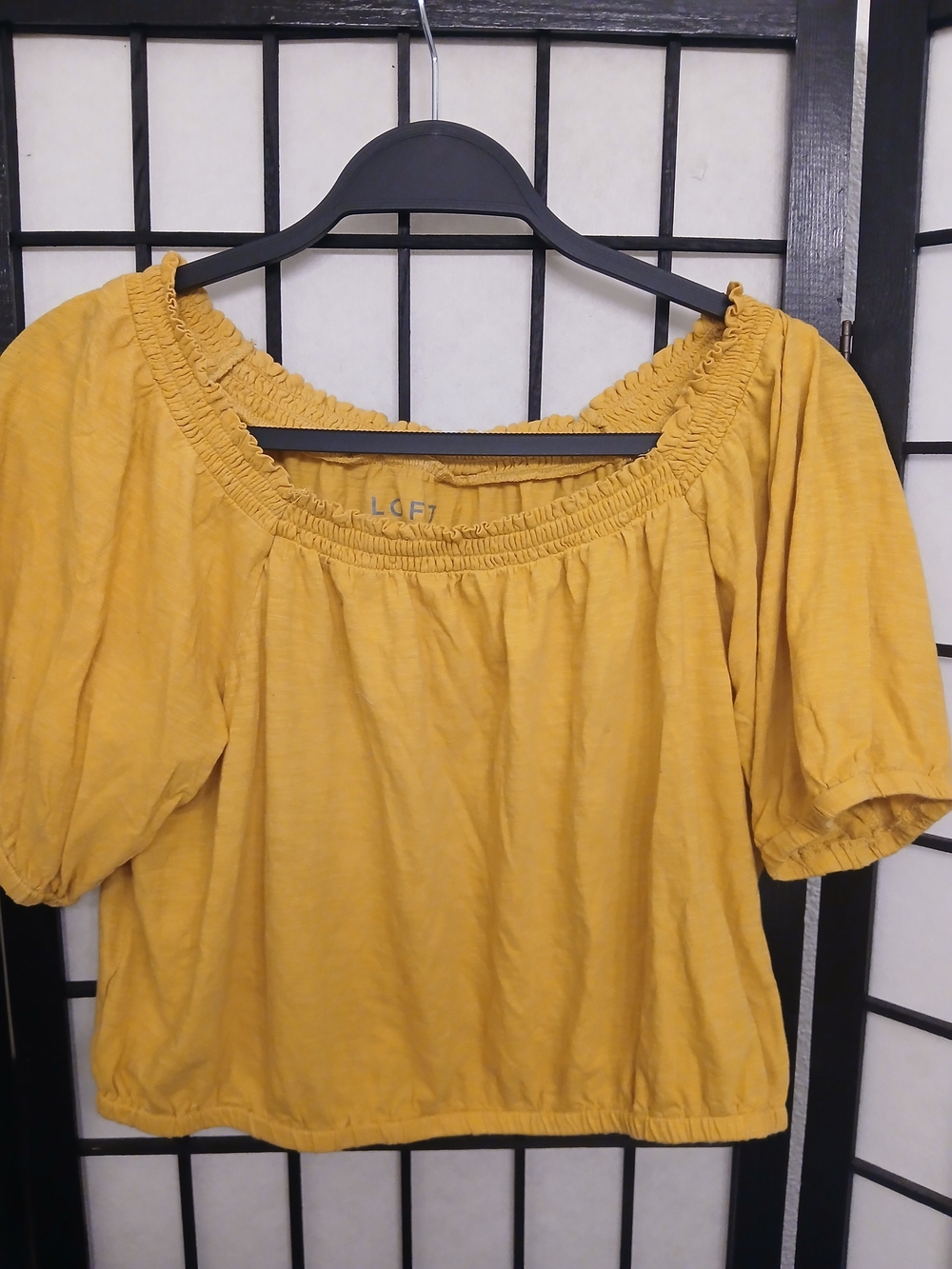 LOFT Mustard Yellow Smocked-Neck Puff Sleeve Crop Top